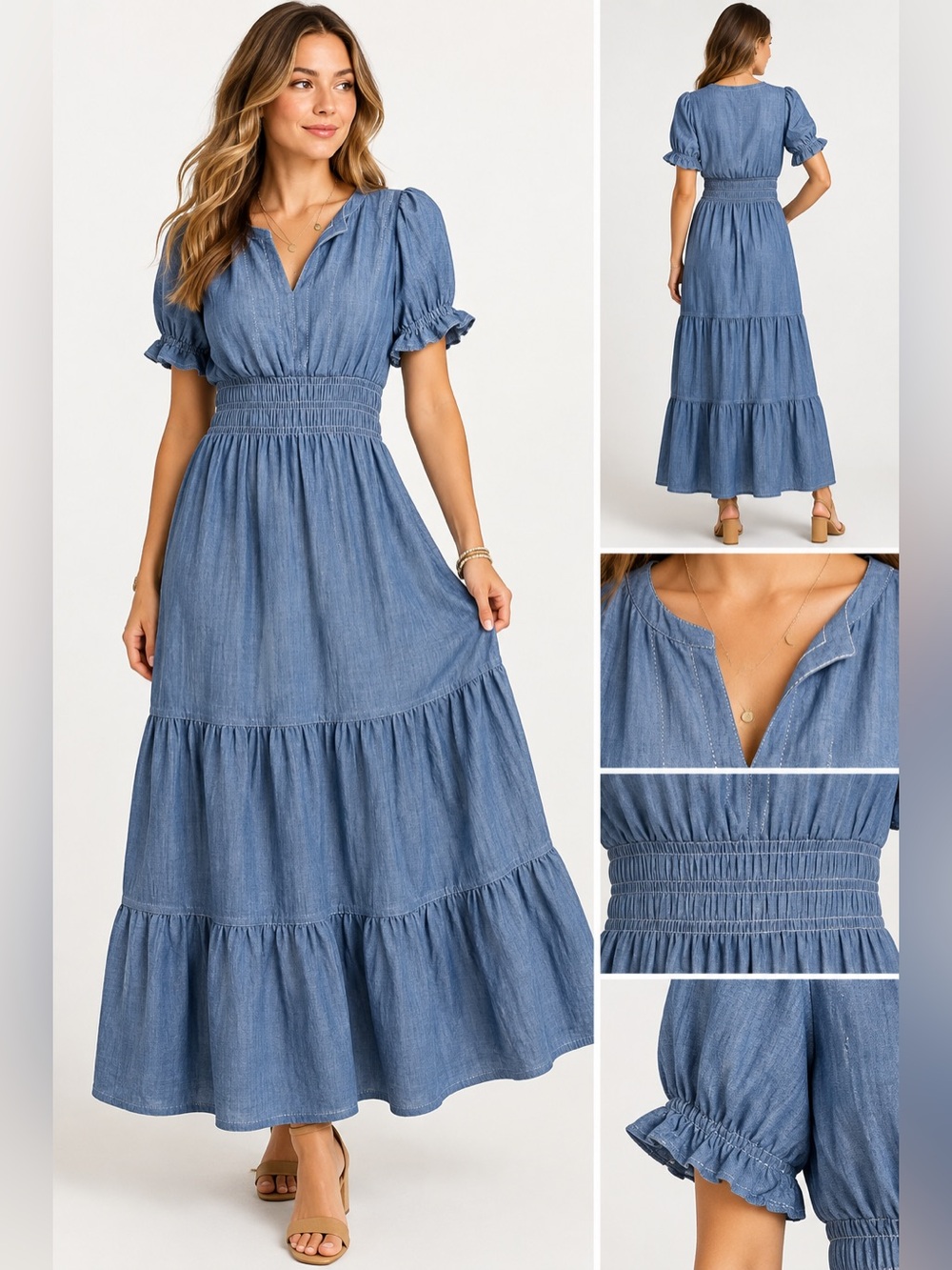 Max Studio Chambray Blue Smocked-Waist Maxi Dress NWOT
